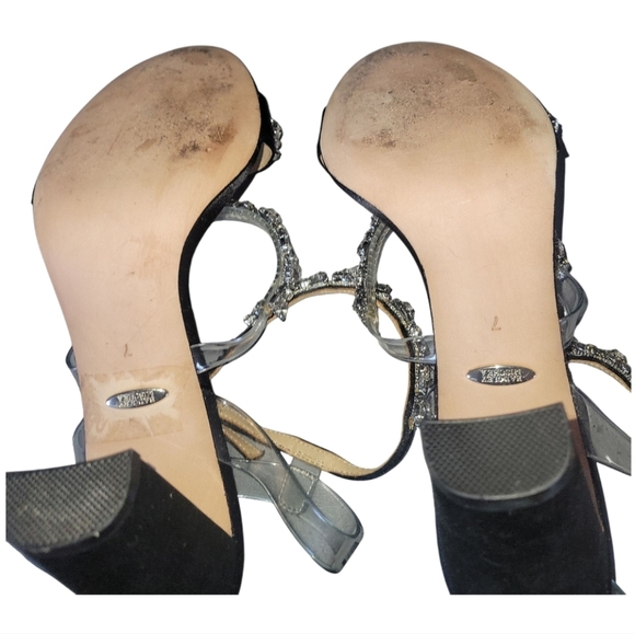 Badgley Mischka Black Crystal Embellishment Satin Ankle Fastener Sandals 7 - Picture 6 of 8
